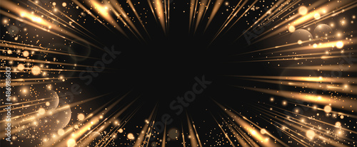 Magic radial background with golden sparkling rays. Acceleration, speed, movement and depth effects. Teleport