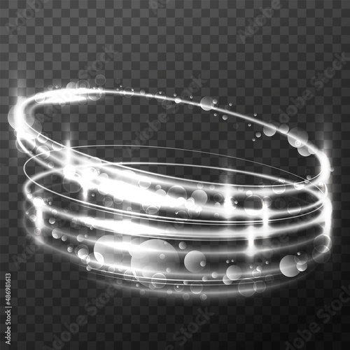 Rotating white rings. Dynamic neon circles with sparks and bubbles. Dynamic 3D design element for washing powders, soaps, shampoos and liquid detergents