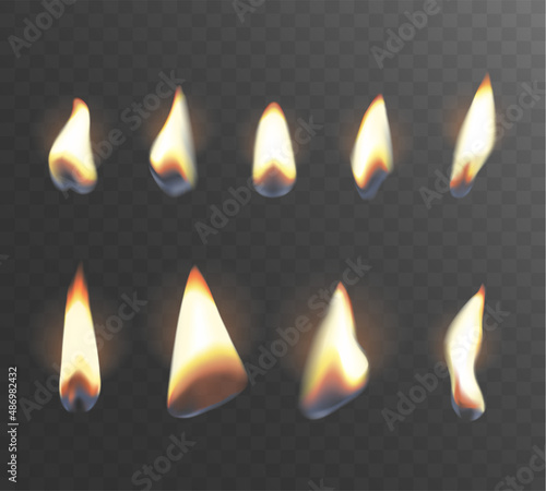 Set of fire flames isolated with trasparent background. Vector realistic illustration of candles light. Design for fire illumination birthday party, celebration, memorial day