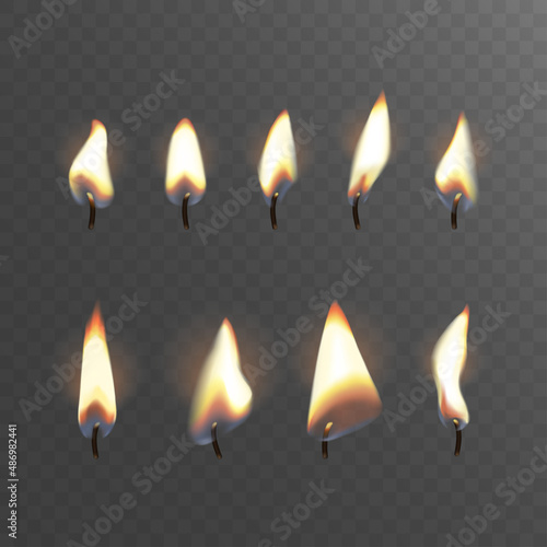 Set of fire flames with wick  isolated with trasparent background. Vector realistic illustration of candles light. Design for fire illumination birthday party, celebration, memorial day
