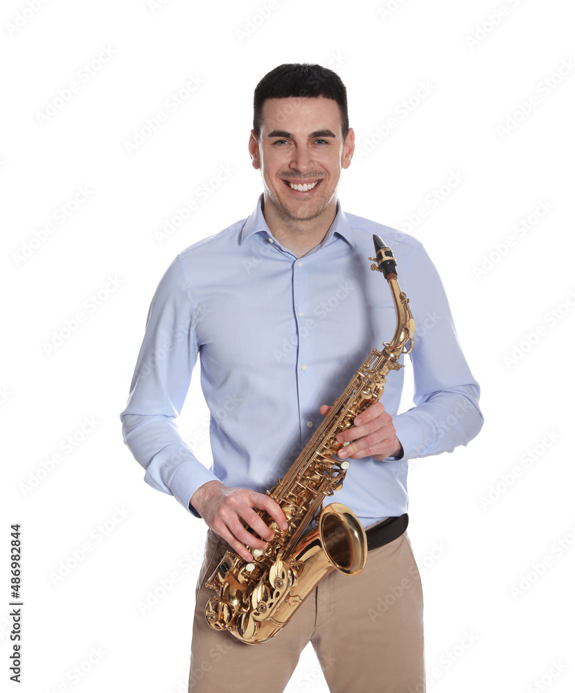 Naklejka premium Young man with saxophone on white background