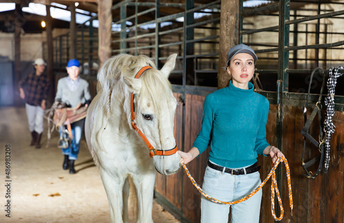 Skilled young female farmer holding reins leading white horse through stable. Horse breeding concept..