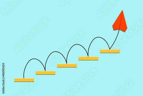 Success, growth,career path or achievement illustration. Paper plane flying up a symbolic golden staircase.