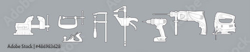 Tools icons. Power tool repair. Locksmith and carpentry tools. Drill, vise and jigsaw.