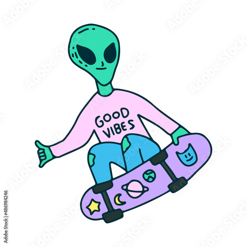 Hype alien freestyle with skateboard, illustration for t-shirt, sticker, or apparel merchandise. With doodle, soft pop, and cartoon style.