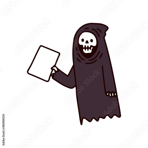 Grim reaper holding blank paper, illustration for t-shirt, sticker, or apparel merchandise. With doodle, soft pop, and cartoon style.