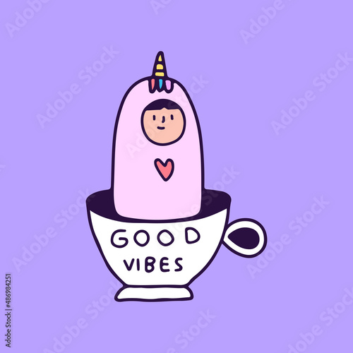 Cute boy in unicorn costume chill out in cup of coffee, illustration for t-shirt, sticker, or apparel merchandise. With doodle, soft pop, and cartoon style.