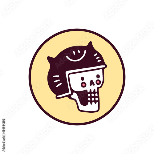 Trendy skull head wearing cat helmet, illustration for t-shirt, sticker, or apparel merchandise. With doodle, soft pop, and cartoon style.