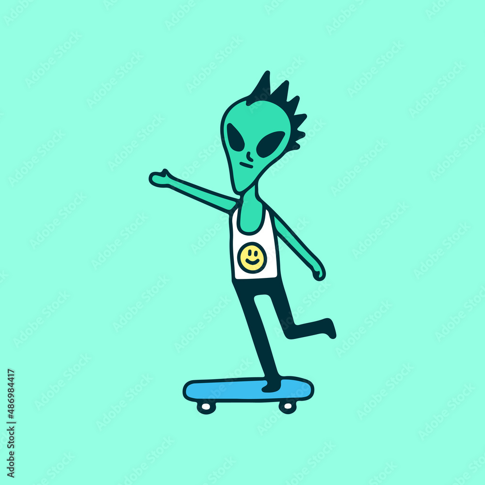 Punk alien riding a skateboard, illustration for t-shirt, sticker, or apparel merchandise. With doodle, soft pop, and cartoon style. Punk alien riding a skateboard, illustration for t-shirt, sticker, or apparel merchandise. With doodle, soft pop, and cartoon style.