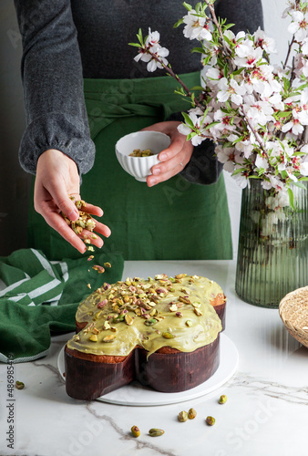 Colomba di Pasqua in the woman shef hands, traditional italian easter dove cake with green pistachio glaze,  fresh spring flowers, pasqua cake