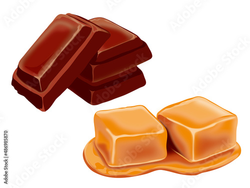 チョコレートとキャラメルのイラスト(カカオ、お菓子、デザート) Illustration of chocolate and caramel.Cacao, snacks, desserts.