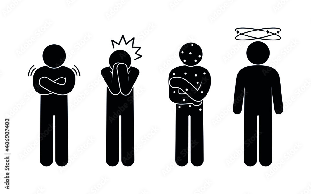 Stickman sick, disease symptoms illustration. Rash, dizziness, chills