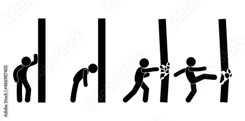 man destroys the wall, overcoming obstacles, stick figure people, isolated human silhouettes, icons set vector