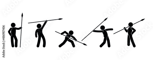 man throwing a spear, icon set, stick figure people pictogram, isolated human silhouettes