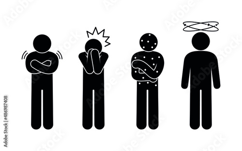 Stickman sick, disease symptoms illustration. Rash, dizziness, chills and pain. Vector man icons.