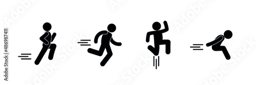 set of human figurines, running and jumping people, stick figure pictogram man, stickman isolated on white background