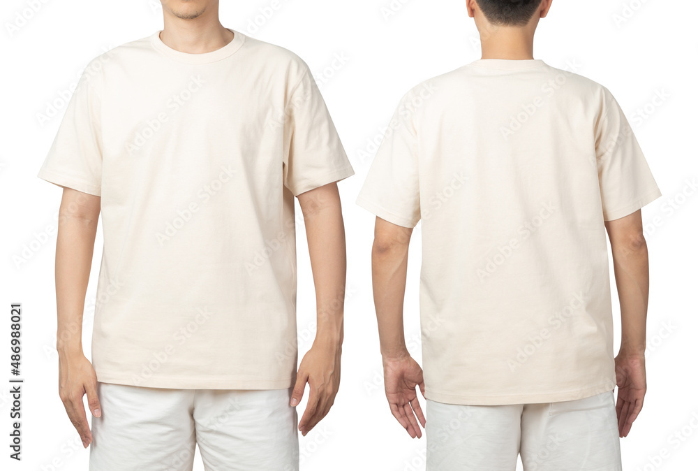 Young man in blank beige t-shirt mockup front and back used as design ...