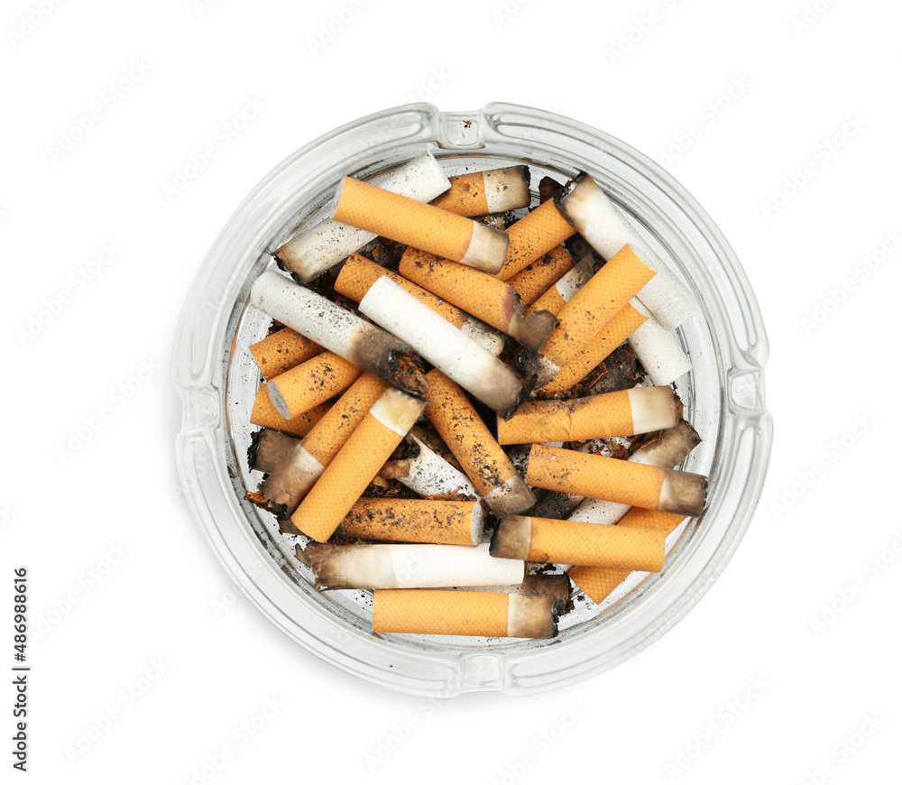 Glass ashtray full of cigarette stubs isolated on white, top view Glass ashtray full of cigarette stubs isolated on white, top view