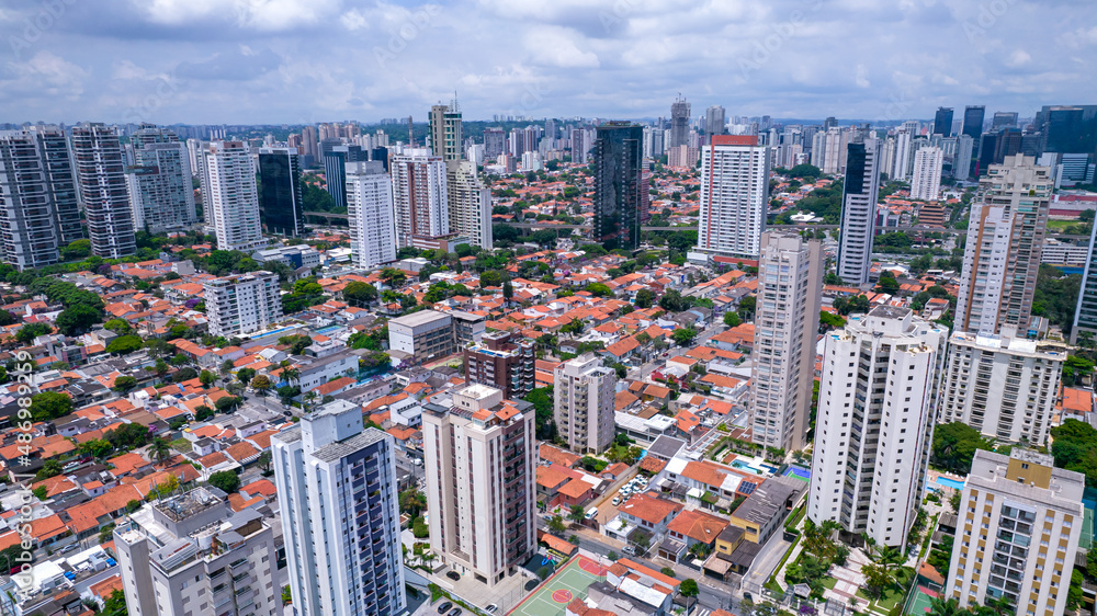 Aerial drone view of the Brooklin neighborhood in São Paulo, Brazil. 
Beautiful new buildings for housing and offices