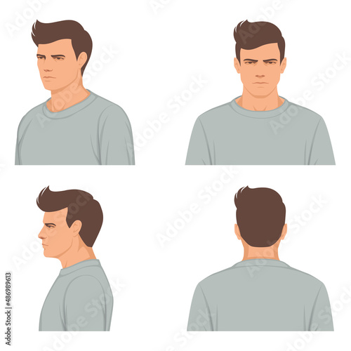 man, male face portrait, Front, profile, side view and back, vector illustration