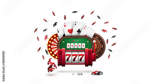 Red slot machine, Casino Wheel Fortune, Roulette wheel, Poker table, poker chips and playing cards in cartoon style isolated on white background