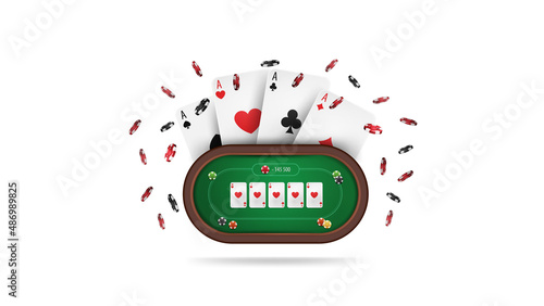 Poker table with cards and poker chips in cartoon style isolated on white background