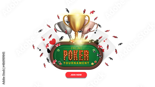 Poker tournament, banner with poker table with cards, chips and chempion cups isolated on white background photo