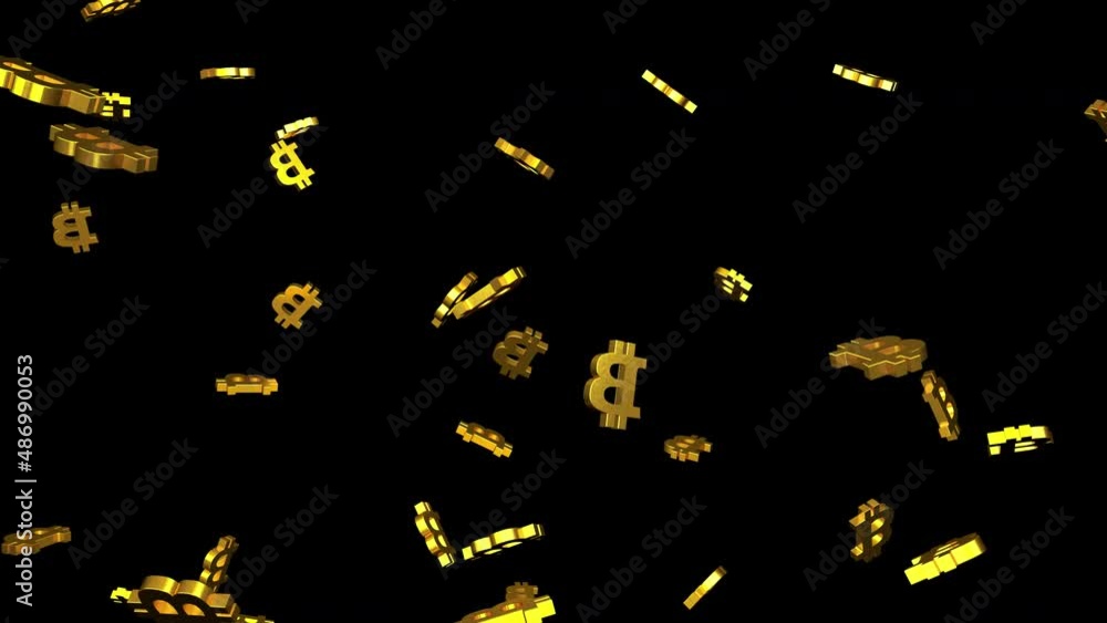 Golden 3d bitcoin icon falling in slow motion on transparent alpha channel background in a seamless loop. Golden 3d bitcoin icon falling in slow motion on transparent alpha channel background in a seamless loop.