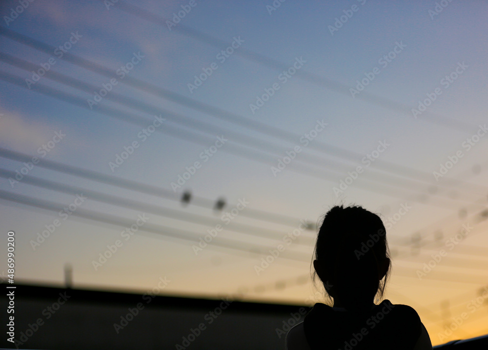 Fototapeta premium 夕焼けを眺めている子供のシルエット