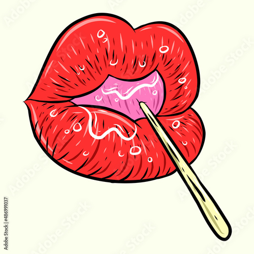 Sexy lips with lollipop. Vector illustration of mouth and candy.