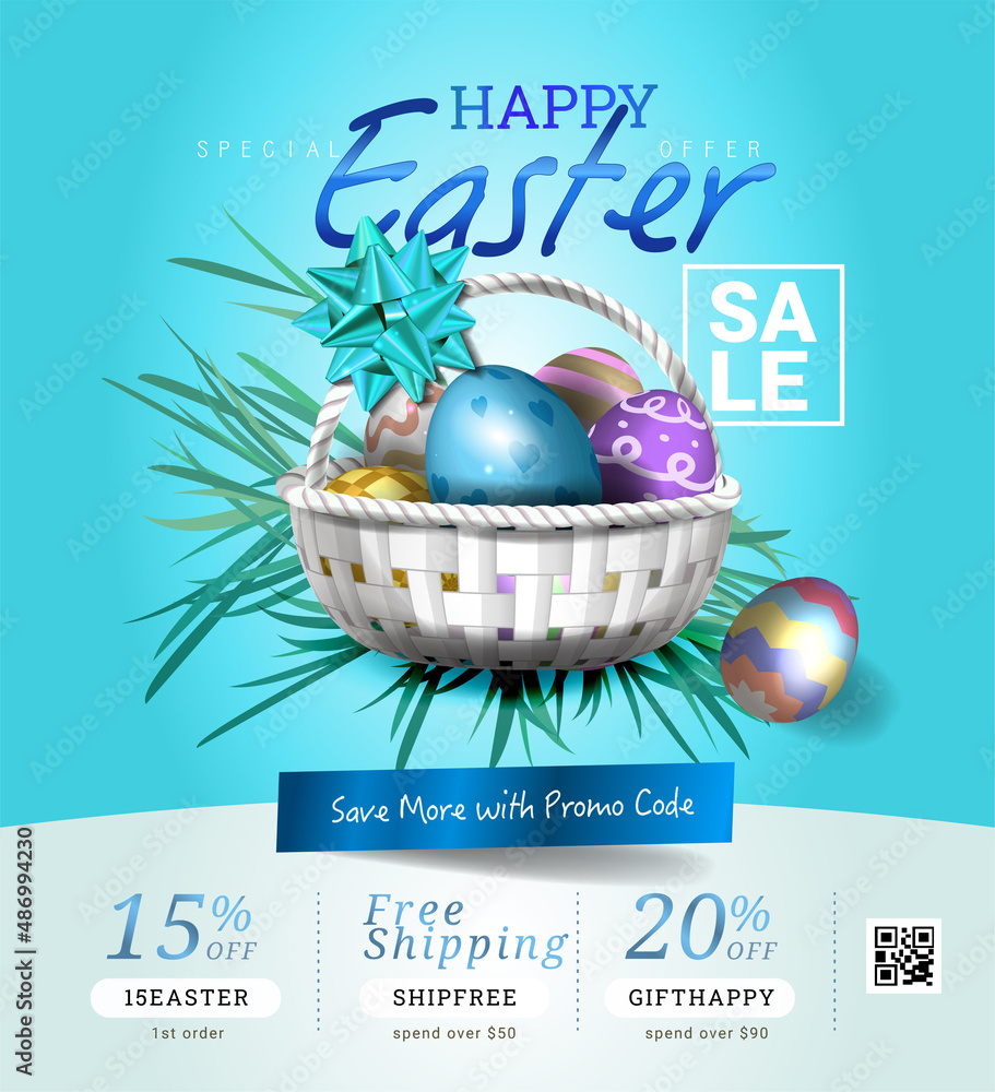 Collection of discount voucher template with ribbons bow, Easter eggs basket and promo QR code. Collection of discount voucher template with ribbons bow, Easter eggs basket and promo QR code.