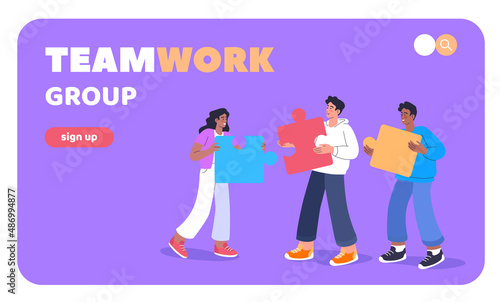 Group of young people work together, successful teamwork colorful banner illustration