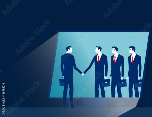 Video conference call handshake online trough screen. Distance communication concept