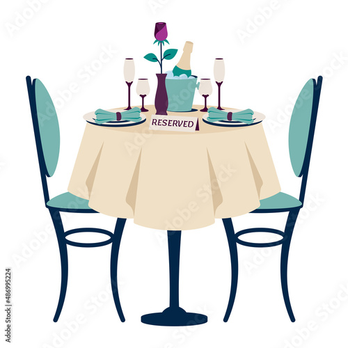 Beautiful romantic dinner. Romantic setting. Reserved table for two. Table with white tablecloth, chairs, cutlery, glasses, champagne, champagne bucket, rose. Vector cartoon illustration isolated