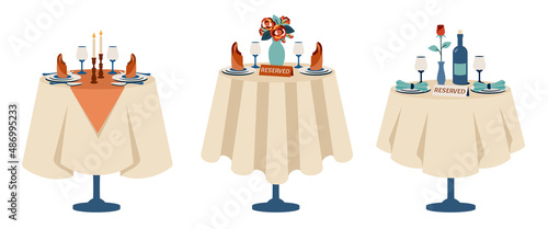 Set of reserved tables for two. Beautiful romantic dinner. Romantic setting. Table with tablecloth, cutlery, glasses, wine, bouquet of flowers, rose, candles, napkins. Vector cartoon illustration