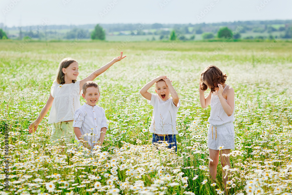 Fototapeta premium Four children in a blooming chamomile meadow. Friends are having fun in a field of daisies. Boys and girls throw up flowers and have fun in nature