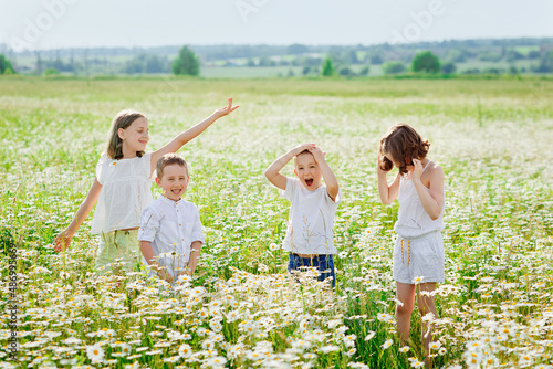 Four children in a blooming chamomile meadow. Friends are having fun in a field of daisies. Boys and girls throw up flowers and have fun in nature