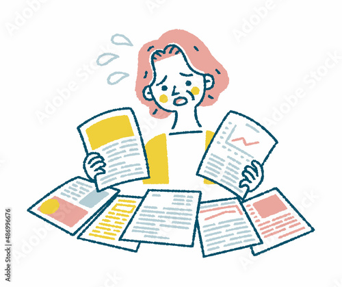 資料を比較する高齢者の女性の淡色ベクターイラスト