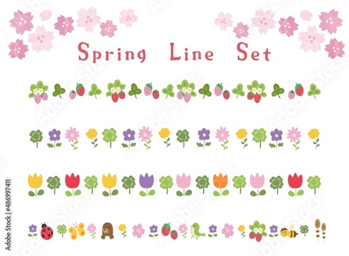 春・花・苺の手描き風ラインのイラスト素材セット