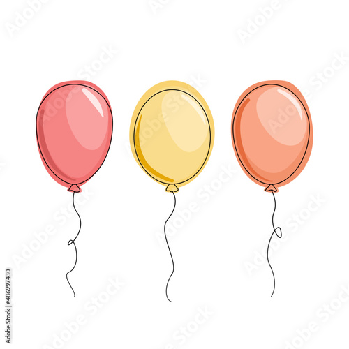 Trzy balony - czerwony, żółty i pomarańczowy. Wektorowa ilustracja na kartki urodzinowe, zaproszenie na imprezę, romantyczny festiwal albo baby shower.