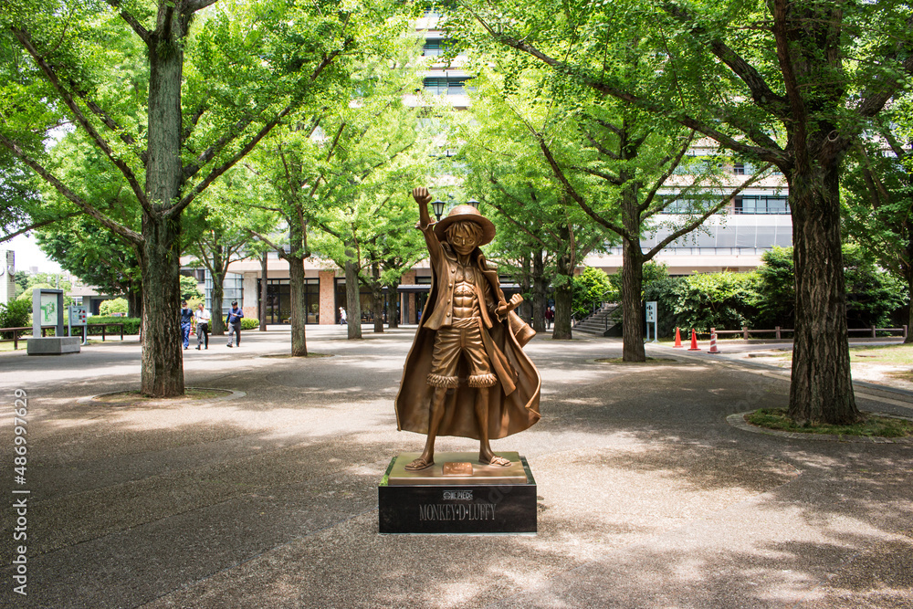 Kumamoto, Japan May 13, 2019 Close up of "Monkey D. Luffy" statue standing in front of
