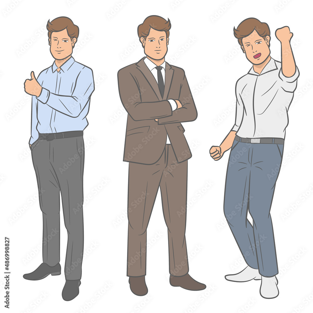 Set of business man poses. Vector illustration