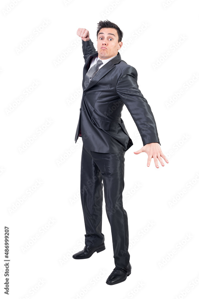 Aggressive man in formal suit. White background Aggressive man in formal suit. White background