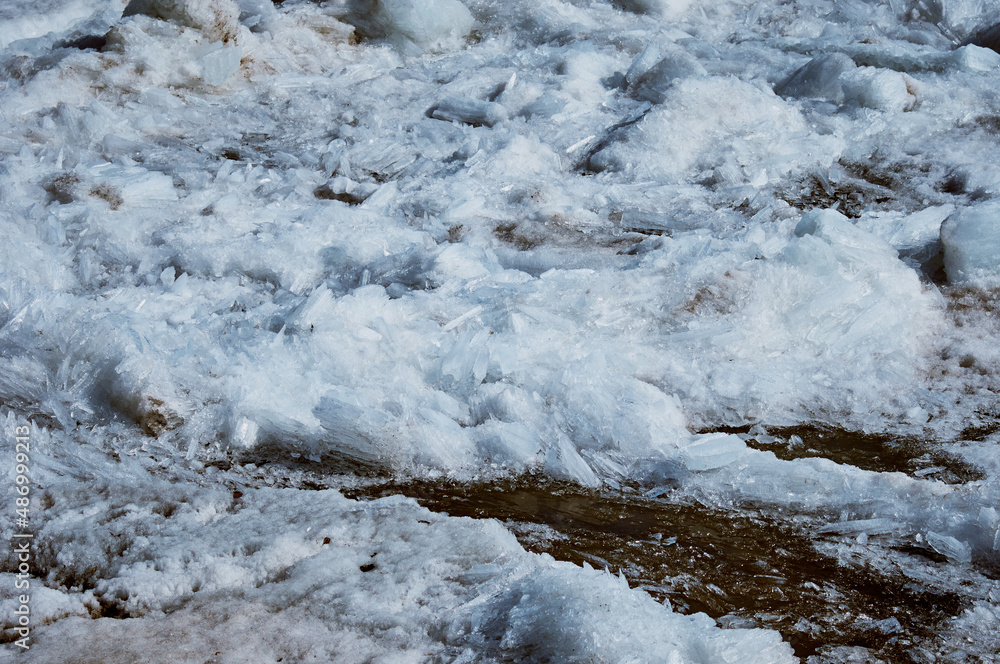 Stream flowing. Ice drift on the Amur River. Melting ice floes in spring. A heap of blocks and fragments. Sunny day. Glare and shadows. Stream flowing. Ice drift on the Amur River. Melting ice floes in spring. A heap of blocks and fragments. Sunny day. Glare and shadows.