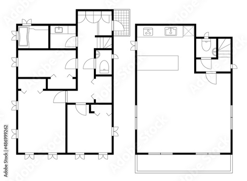 住宅一軒家、戸建ての間取り図の図面のイラスト3LDK　マイホーム見取り図　白黒モノクロ