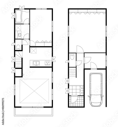 住宅一軒家、戸建ての間取り図の図面のイラスト2LDK+DIN駐車場　マイホーム見取り図　白黒モノクロ