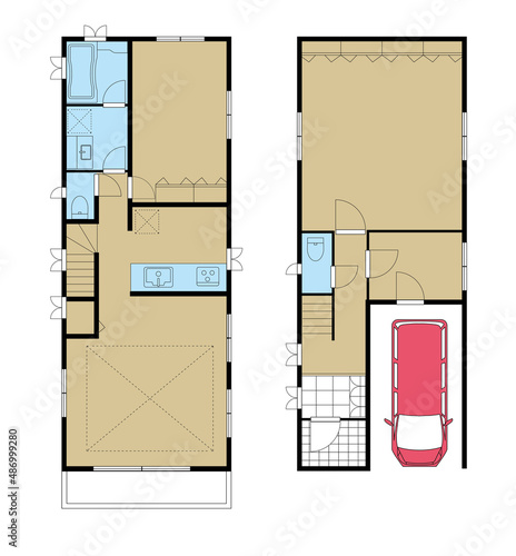 住宅一軒家、戸建ての間取り図の図面のイラスト2LDK+DIN駐車場　マイホーム見取り図　カラー