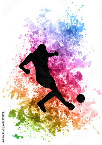 Silhouette of a football soccer player on watercolour background 0402