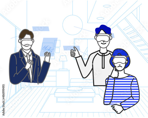 VRを利用し家の内見をする若いお洒落な夫婦とジャケットを着た不動産の営業風の男性の線画のベクターイラスト
