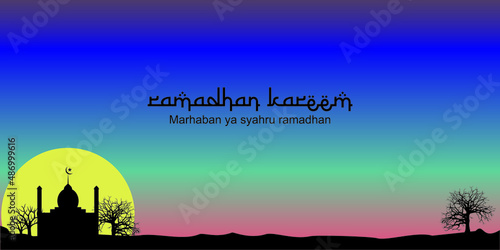 Beautiful Ramadan Kareem greeting card with silhouette mosque view - background template, invitation, poster, banner, event, muslim festival. 